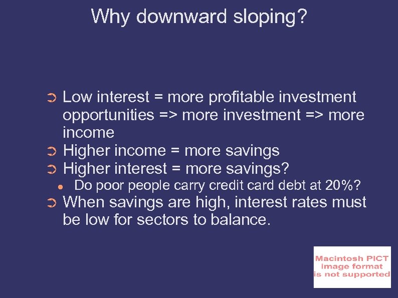 Why downward sloping? Low interest = more profitable investment opportunities => more investment =>