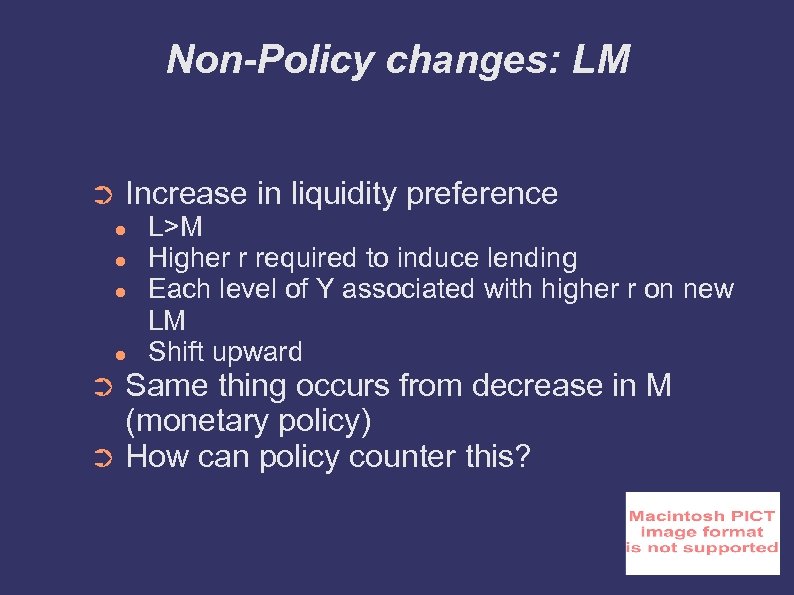 Non-Policy changes: LM ➲ Increase in liquidity preference ● ● L>M Higher r required