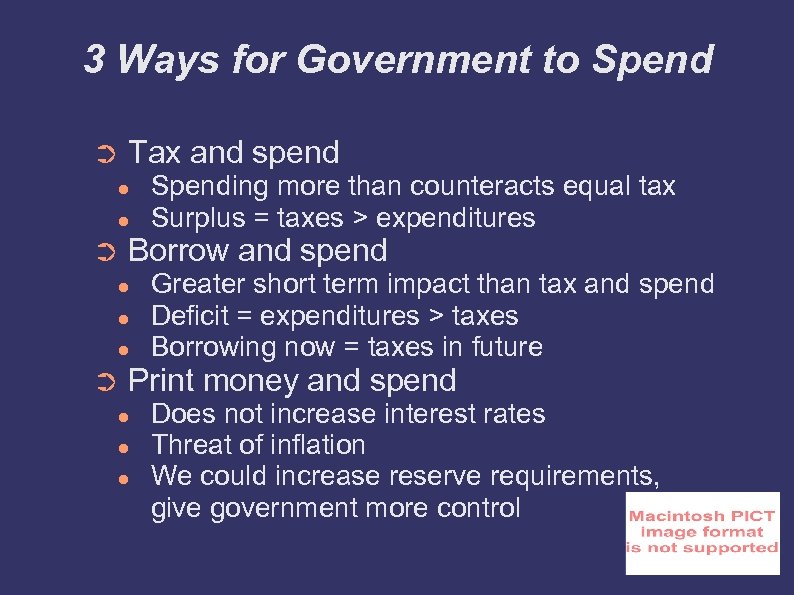 3 Ways for Government to Spend ➲ Tax and spend ● ● ➲ Borrow