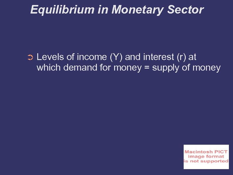 Equilibrium in Monetary Sector ➲ Levels of income (Y) and interest (r) at which