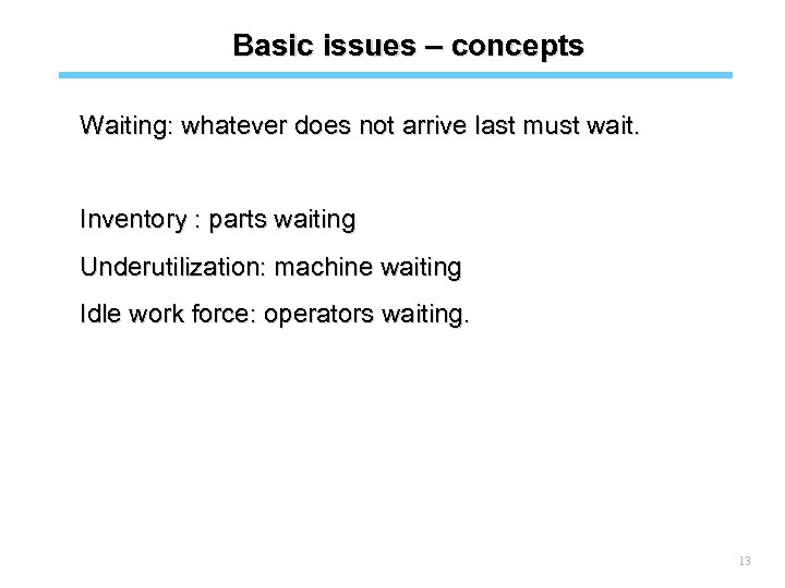 Basic issues – concepts Waiting: whatever does not arrive last must wait. Inventory :