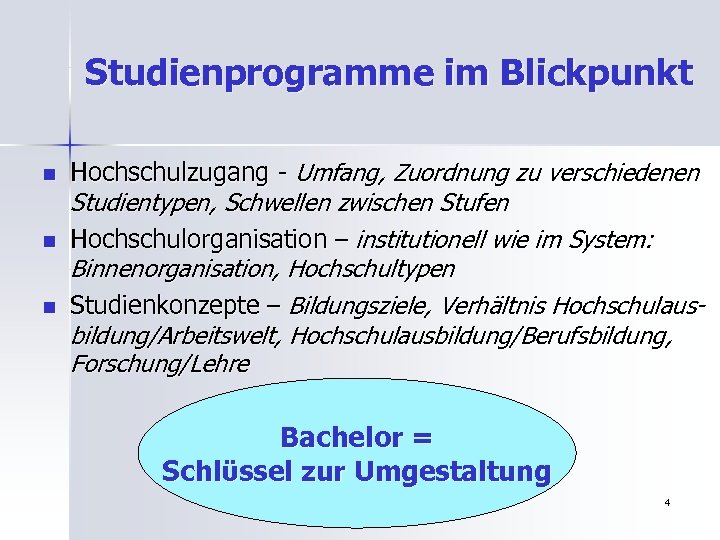 Studienprogramme im Blickpunkt n n n Hochschulzugang - Umfang, Zuordnung zu verschiedenen Studientypen, Schwellen