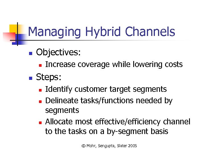 Managing Hybrid Channels n Objectives: n n Increase coverage while lowering costs Steps: n