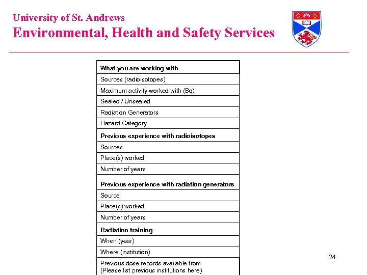 University of St. Andrews Environmental, Health and Safety Services What you are working with