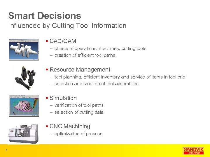 Smart Decisions Influenced by Cutting Tool Information CAD/CAM – choice of operations, machines, cutting