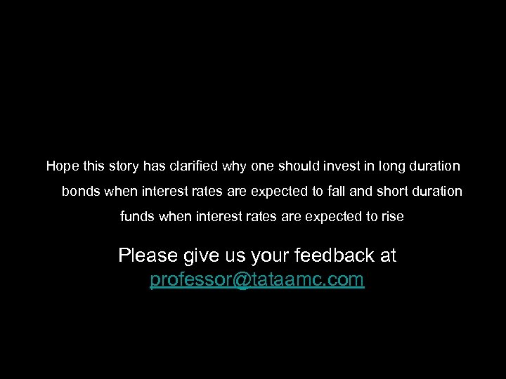 Hope this story has clarified why one should invest in long duration bonds when