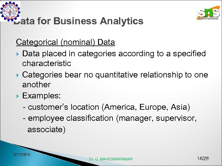 Data for Business Analytics Categorical (nominal) Data placed in categories according to a specified
