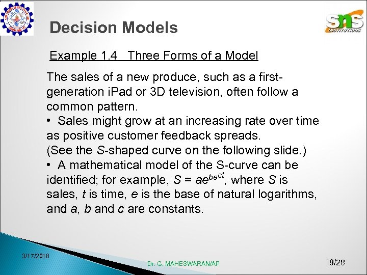 Decision Models Example 1. 4 Three Forms of a Model The sales of a