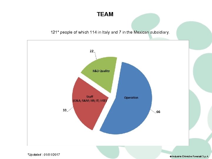 TEAM 121* people of which 114 in Italy and 7 in the Mexican subsidiary.