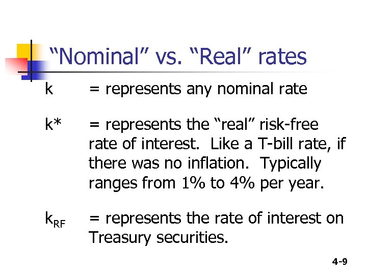 “Nominal” vs. “Real” rates k = represents any nominal rate k* = represents the