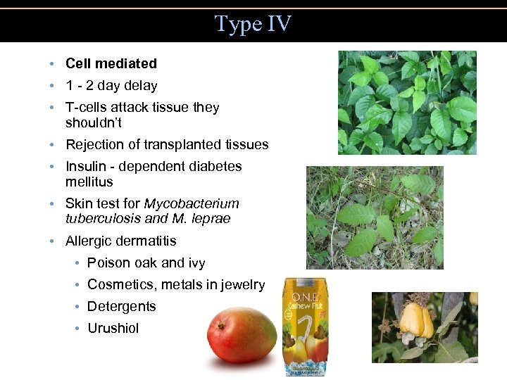 Type IV • Cell mediated • 1 - 2 day delay • T-cells attack