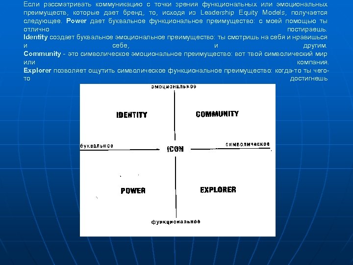 Если рассматривать коммуникацию с точки зрения функциональных или эмоциональных преимуществ, которые дает бренд, то,