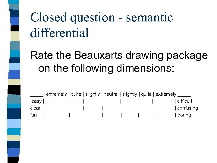 Closed question - semantic differential Rate the Beauxarts drawing package on the following dimensions: