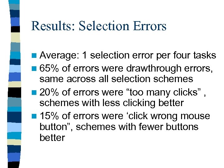 Results: Selection Errors n Average: 1 selection error per four tasks n 65% of