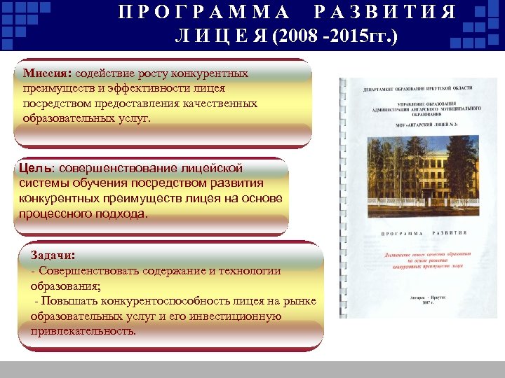 ПРОГРАММА РАЗВИТИЯ Л И Ц Е Я (2008 -2015 гг. ) Миссия: содействие росту