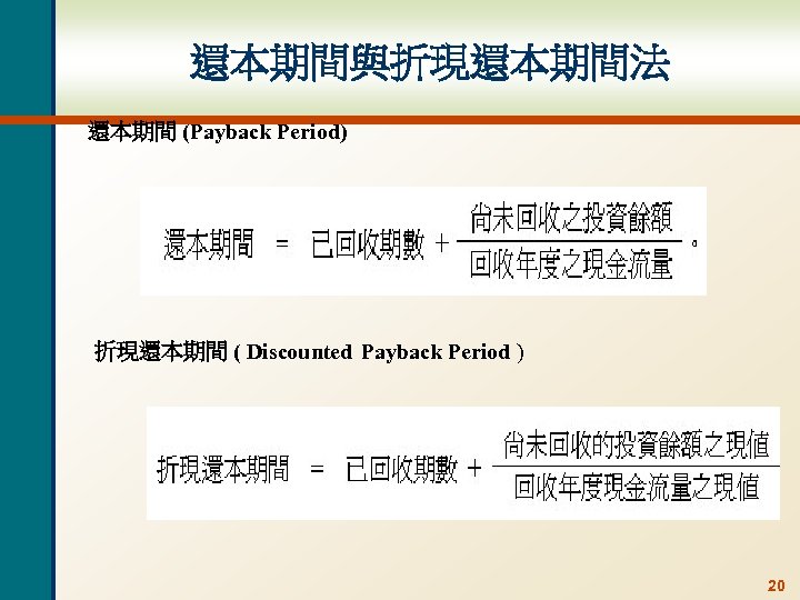 還本期間與折現還本期間法 還本期間 (Payback Period) 折現還本期間 ( Discounted Payback Period ) 20 