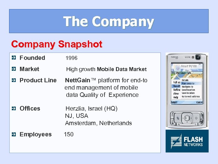 The Company Snapshot Founded 1996 Market High growth Mobile Data Market Product Line Nett.