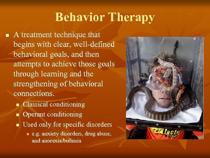 Behavior Therapy n A treatment technique that begins with clear, well-defined behavioral goals, and