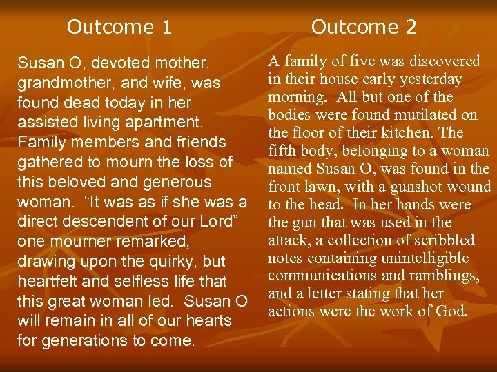 Outcome 1 Susan O, devoted mother, grandmother, and wife, was found dead today in