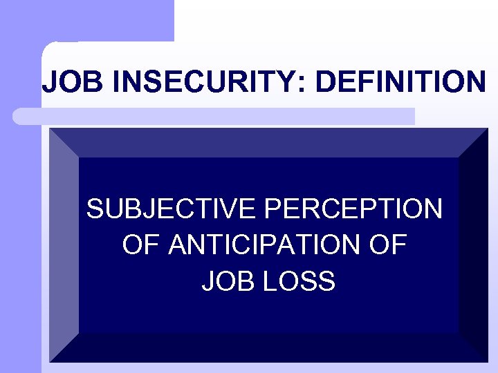 JOB INSECURITY: DEFINITION SUBJECTIVE PERCEPTION OF ANTICIPATION OF JOB LOSS 