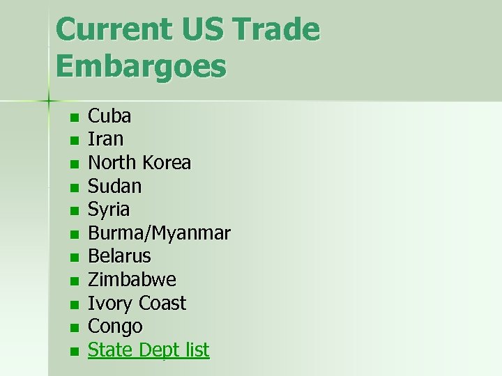 Current US Trade Embargoes n n n Cuba Iran North Korea Sudan Syria Burma/Myanmar