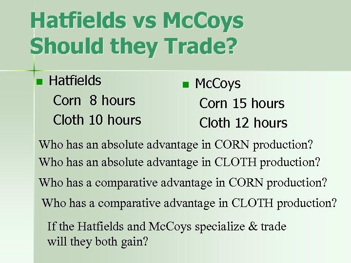 Hatfields vs Mc. Coys Should they Trade? n Hatfields Corn 8 hours Cloth 10