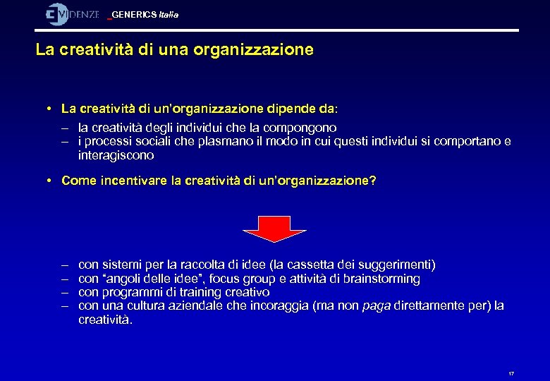 GENERICS Italia La creatività di una organizzazione • La creatività di un’organizzazione dipende da: