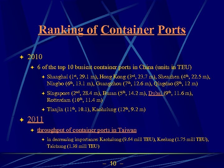 Ranking of Container Ports ö 2010 ö 6 of the top 10 busiest container