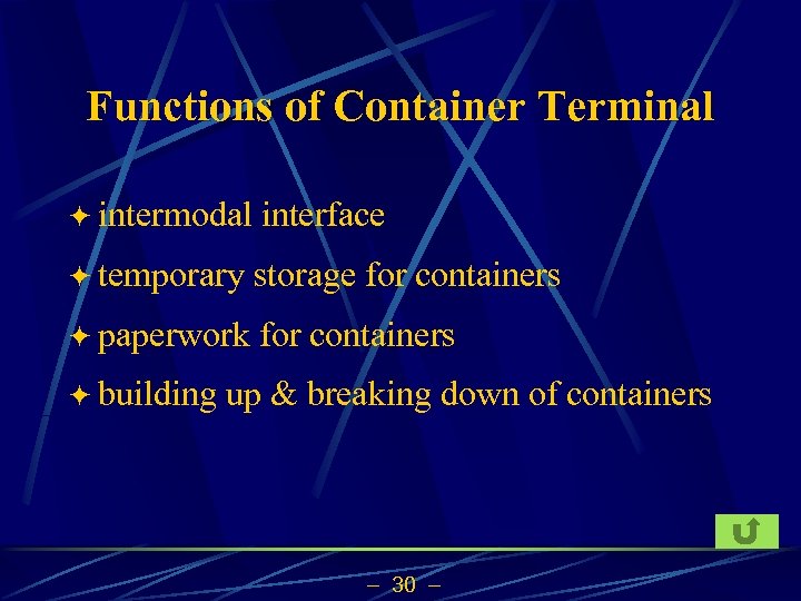 Functions of Container Terminal ö intermodal interface ö temporary storage for containers ö paperwork