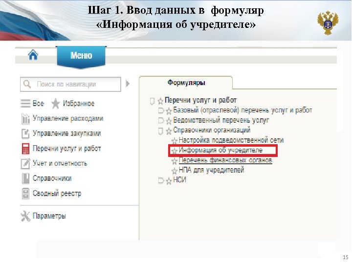 Шаг 1. Ввод данных в формуляр «Информация об учредителе» 15 