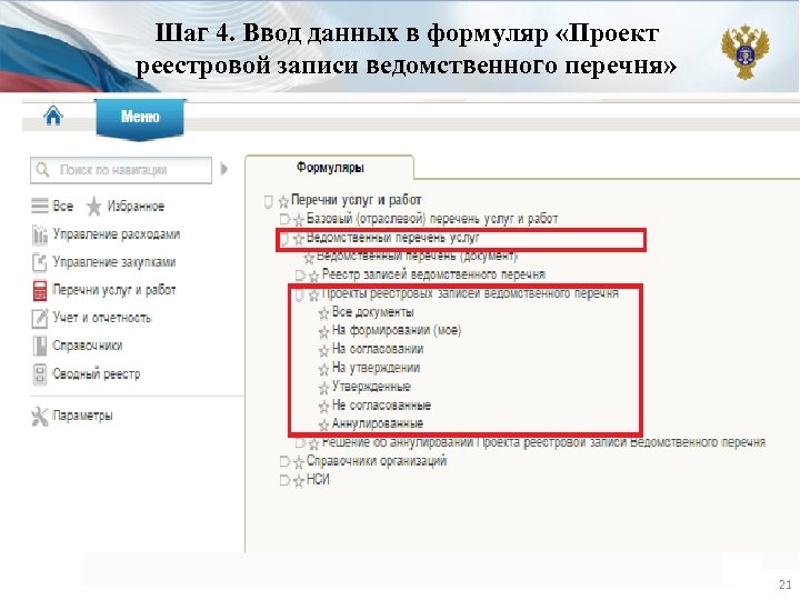 Шаг 4. Ввод данных в формуляр «Проект реестровой записи ведомственного перечня» 21 
