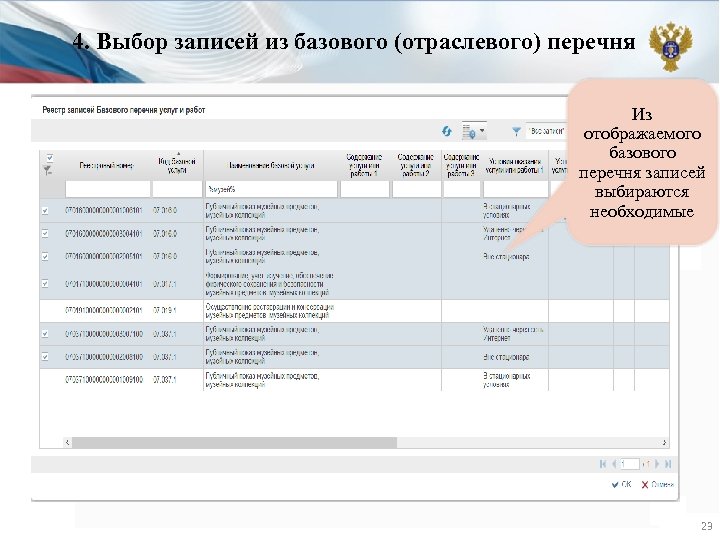 4. Выбор записей из базового (отраслевого) перечня Из отображаемого базового перечня записей выбираются необходимые