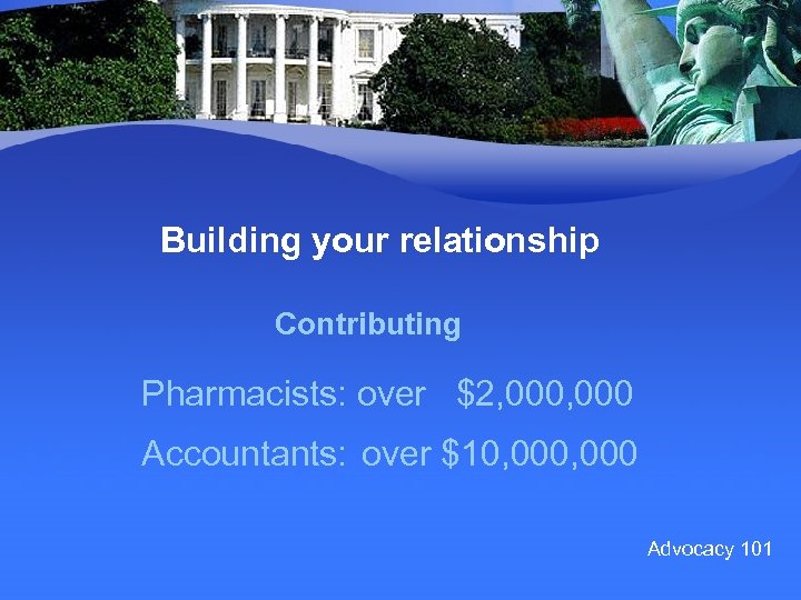 Building your relationship Contributing Pharmacists: over $2, 000 Accountants: over $10, 000 Advocacy 101