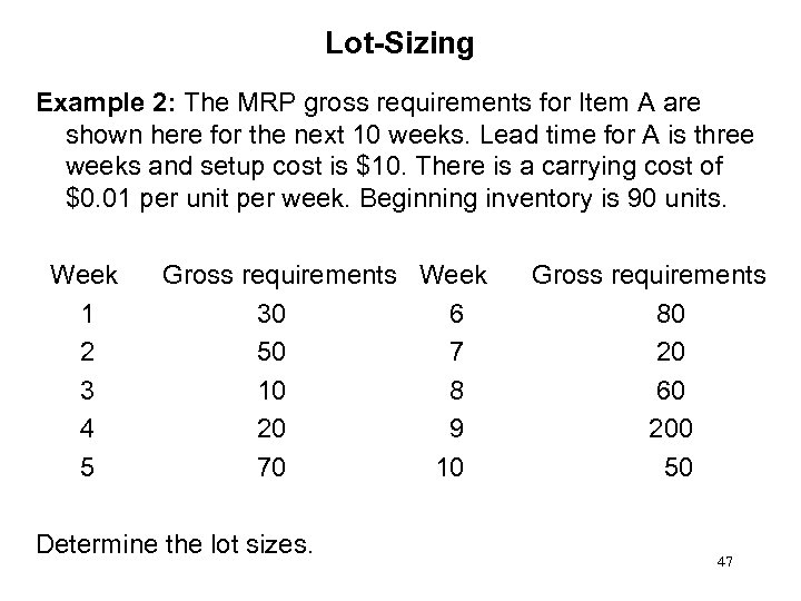 Lot-Sizing Example 2: The MRP gross requirements for Item A are shown here for