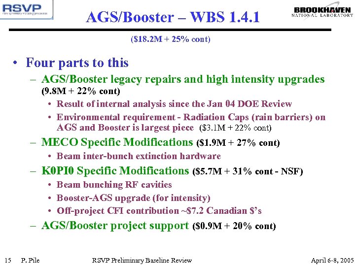 AGS/Booster – WBS 1. 4. 1 ($18. 2 M + 25% cont) • Four