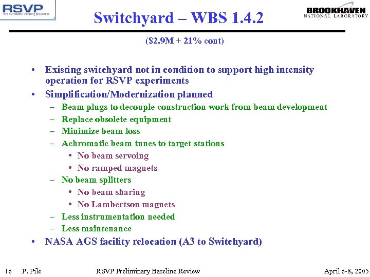 Switchyard – WBS 1. 4. 2 ($2. 9 M + 21% cont) • Existing