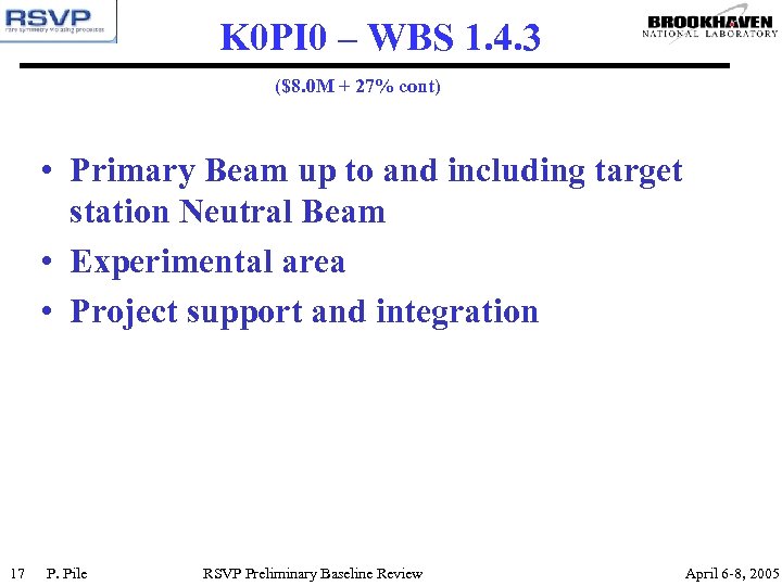 K 0 PI 0 – WBS 1. 4. 3 ($8. 0 M + 27%
