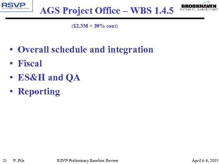 AGS Project Office – WBS 1. 4. 5 ($2. 3 M + 20% cont)