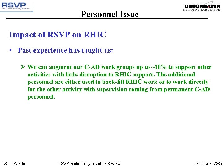 Personnel Issue Impact of RSVP on RHIC • Past experience has taught us: Ø
