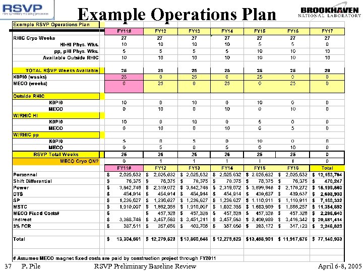 Example Operations Plan 37 P. Pile RSVP Preliminary Baseline Review April 6 -8, 2005