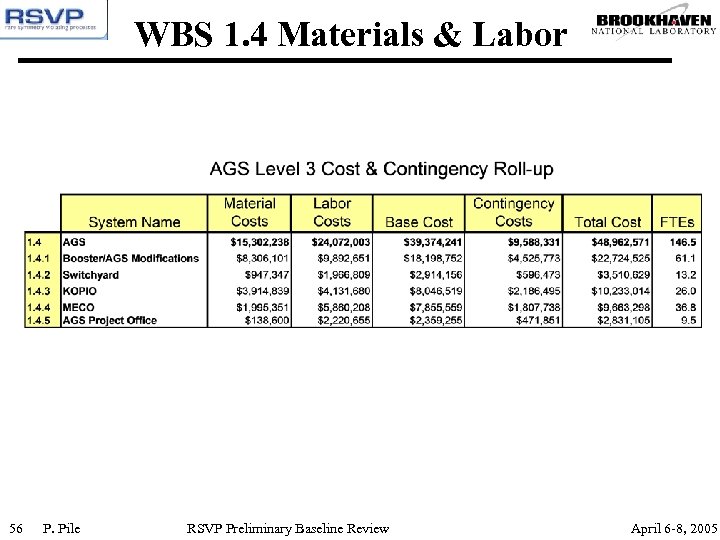 WBS 1. 4 Materials & Labor 56 P. Pile RSVP Preliminary Baseline Review April