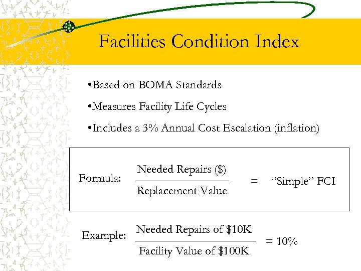 Facilities Condition Index • Based on BOMA Standards • Measures Facility Life Cycles •
