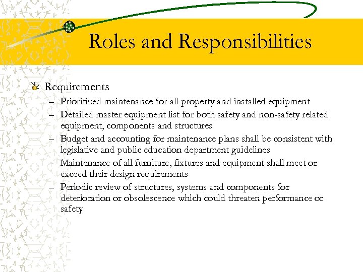 Roles and Responsibilities Requirements – Prioritized maintenance for all property and installed equipment –