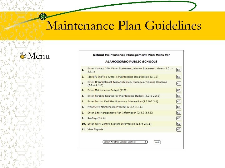 Maintenance Plan Guidelines Menu 