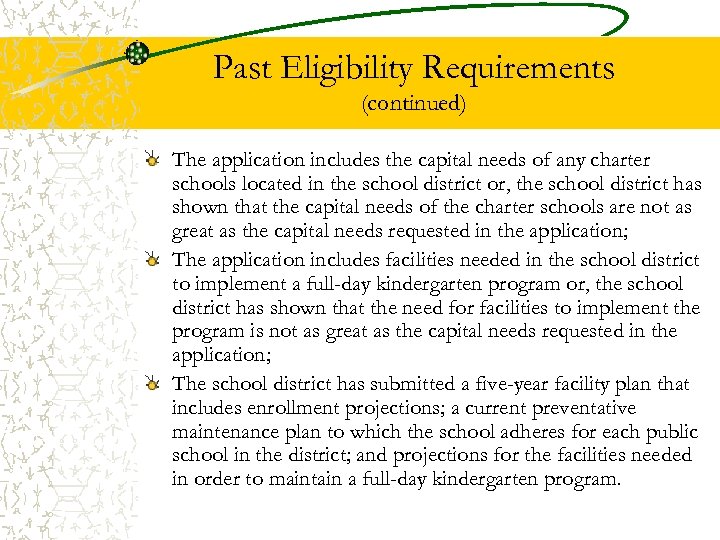Past Eligibility Requirements (continued) The application includes the capital needs of any charter schools