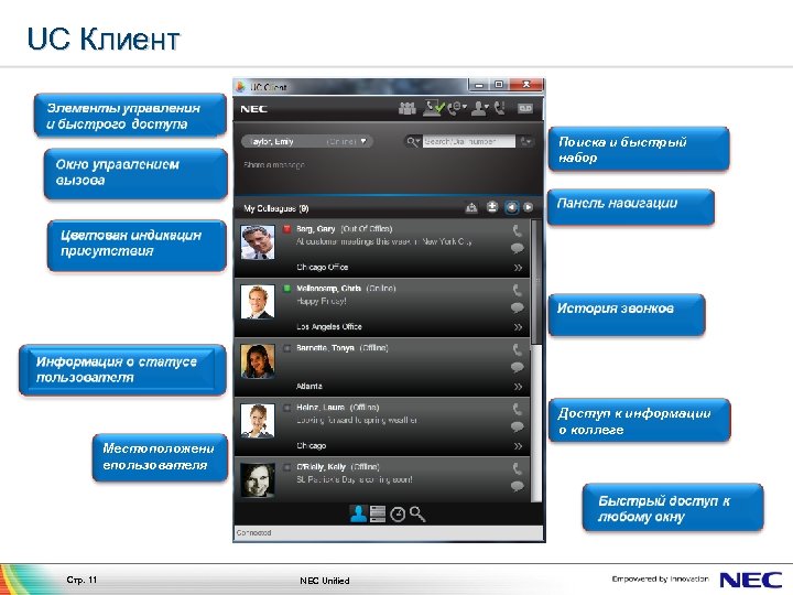 UC Клиент Поиска и быстрый набор Доступ к информации о коллеге Местоположени епользователя Стр.