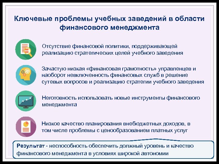 Ключевые проблемы учебных заведений в области финансового менеджмента Отсутствие финансовой политики, поддерживающей реализацию стратегических