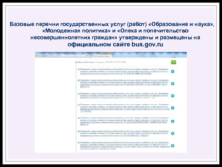 Базовые перечни государственных услуг (работ) «Образование и наука» , Базовые «Молодежная политика» и «Опека
