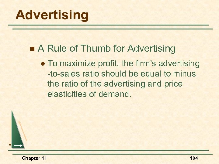 Advertising n A Rule of Thumb for Advertising l Chapter 11 To maximize profit,
