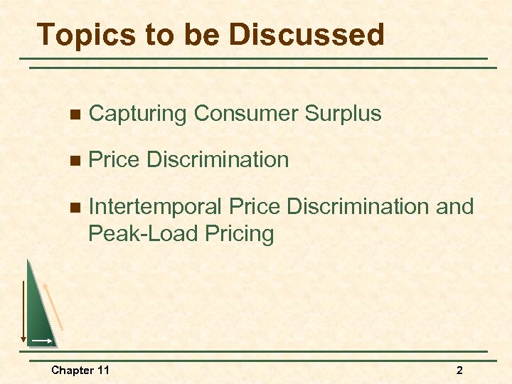 Topics to be Discussed n Capturing Consumer Surplus n Price Discrimination n Intertemporal Price